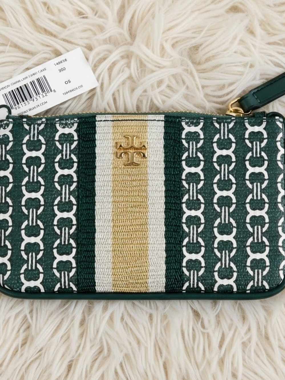 Tory Burch Green & Gold Logo Wristlet
